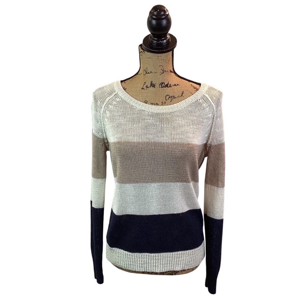 360 Sweater Linen Blend Open Weave Striped Sweater